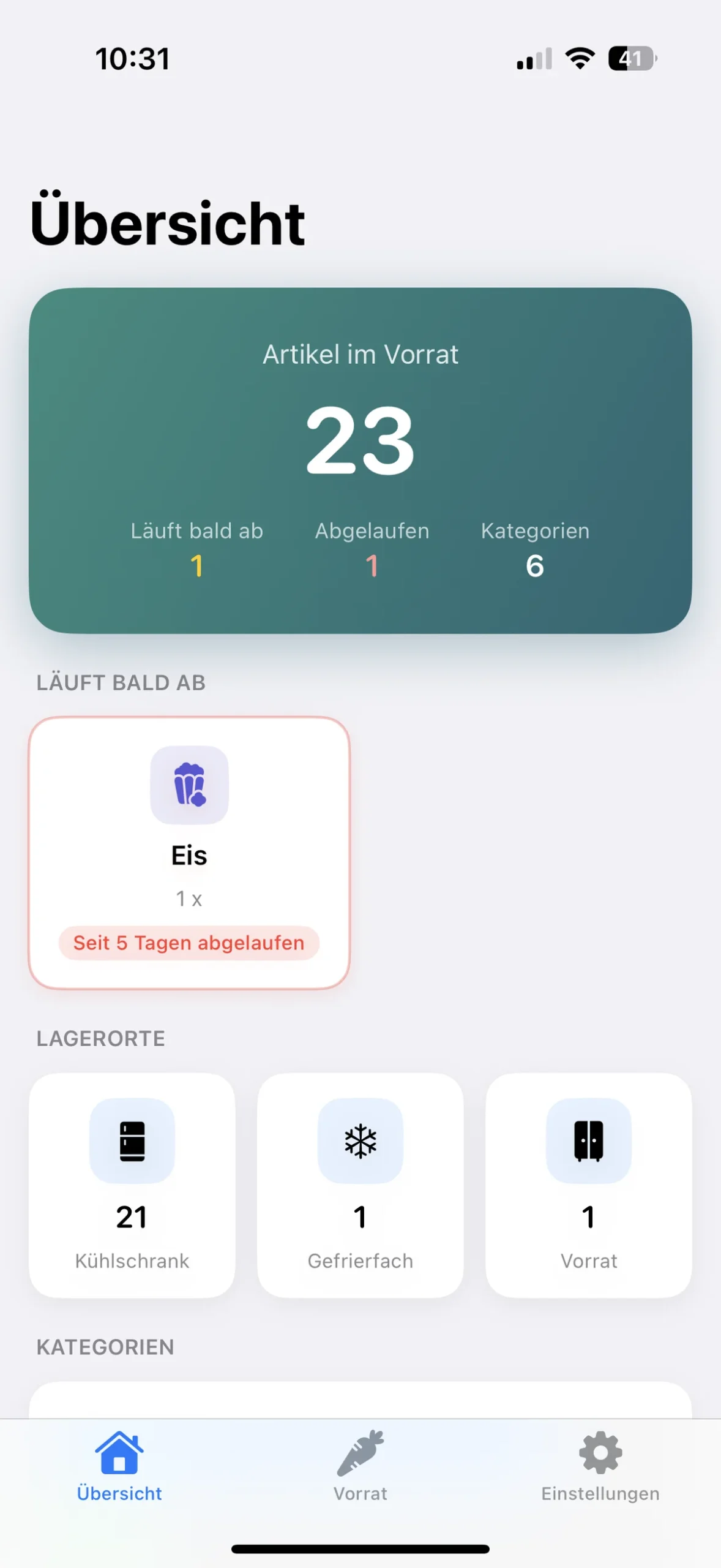 Fridoo Hauptliste mit Lebensmitteln im Light Mode