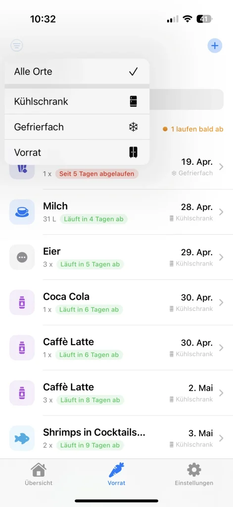 Fridoo iOS App, Produktdetail-Ansicht mit Ablaufdatum und Push-Erinnerungen