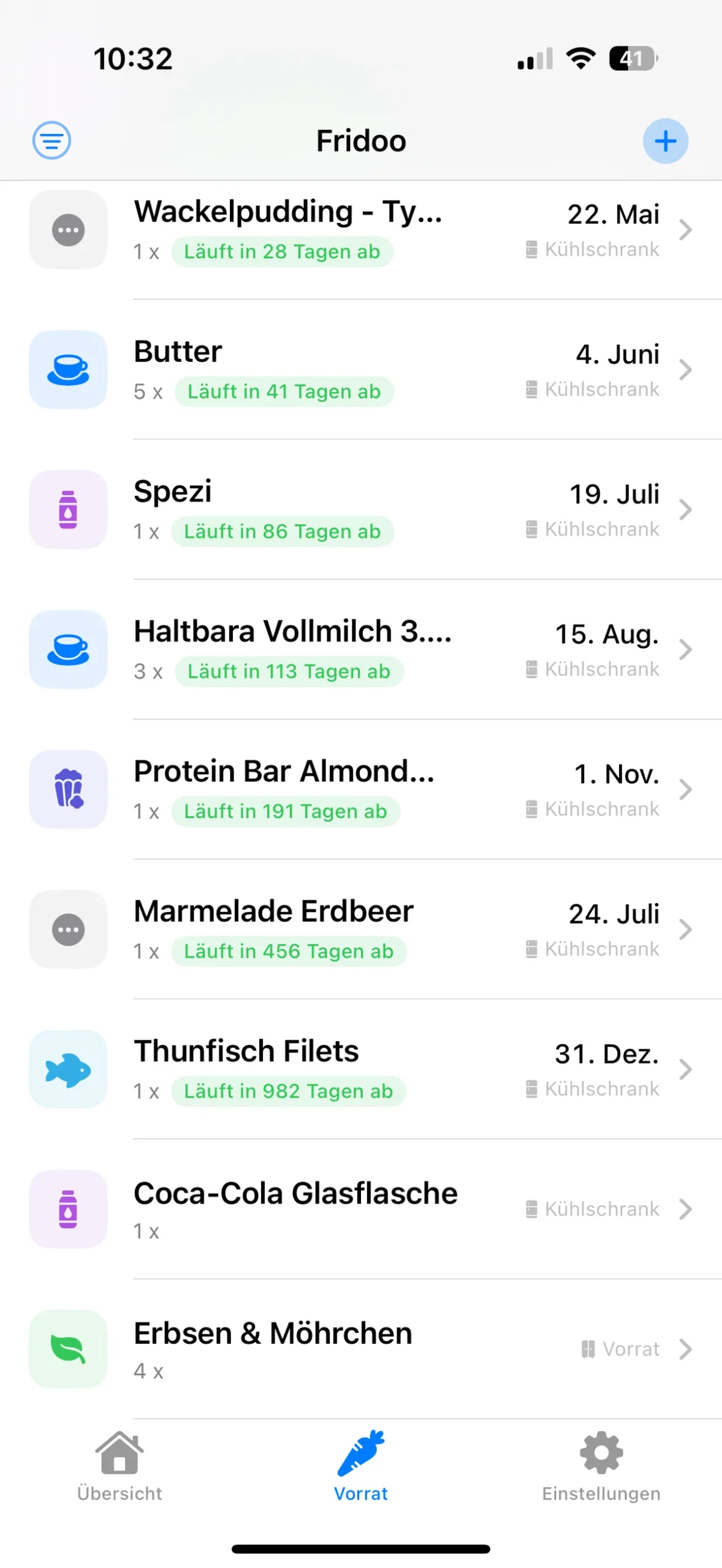 Fridoo Hauptliste im Dark Mode