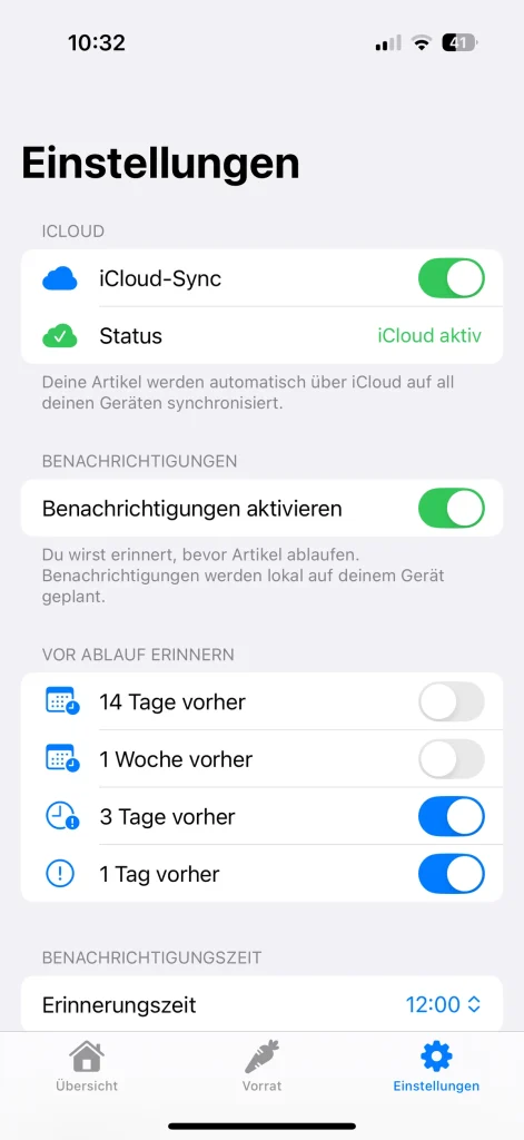 Fridoo iOS App, Einstellungen mit Sprachauswahl DE/EN/ES/FR