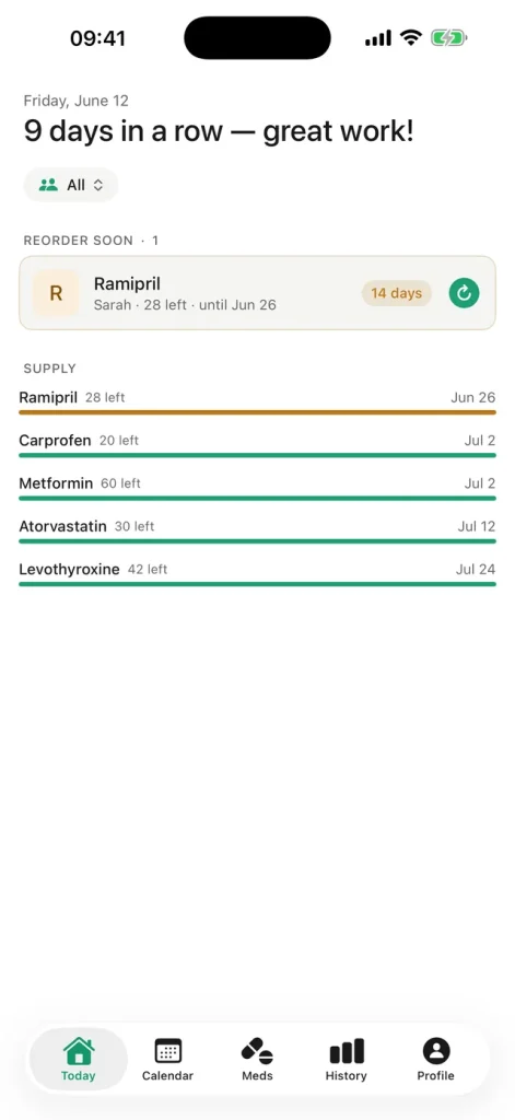 Dosara – Today view with upcoming doses and progress