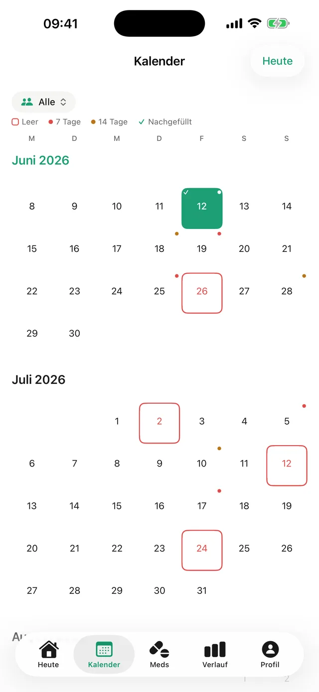 Dosara Monatskalender mit kompletter Einnahme-Historie