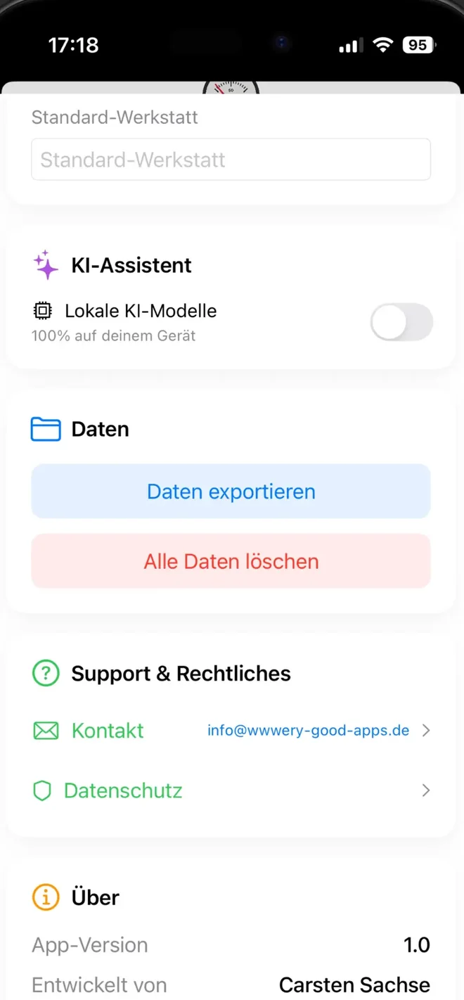 Good Fuel mit lokaler KI auf dem Gerät und Daten-Export