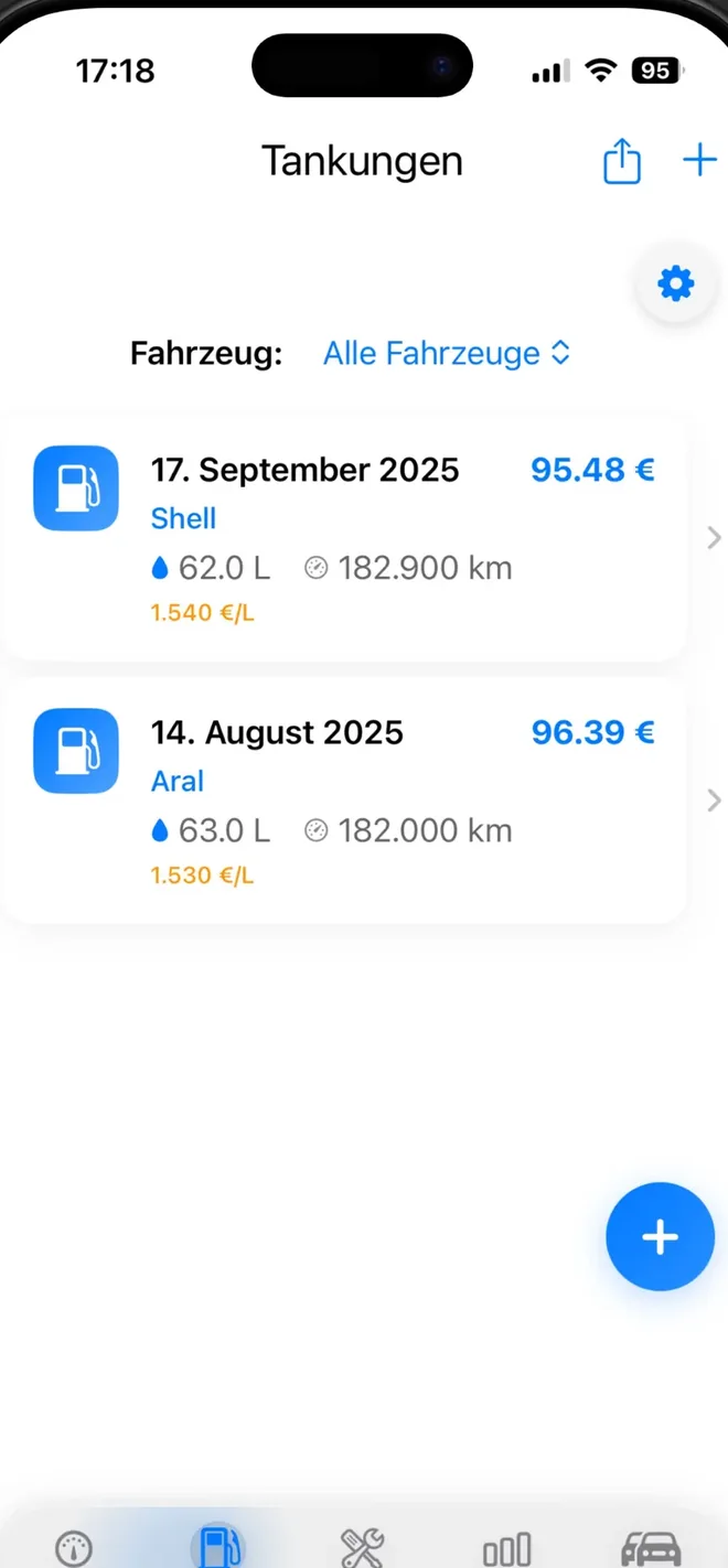 Good Fuel Tankungen-Liste mit Verbrauch und Preis pro Tankung