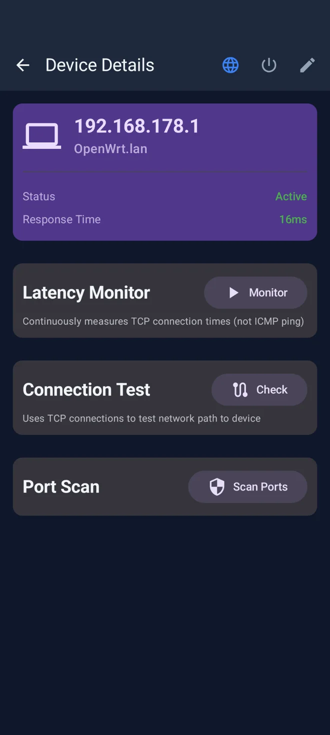 NetRadar Pro Geräte-Details mit Latenz-Monitor und Port-Scan