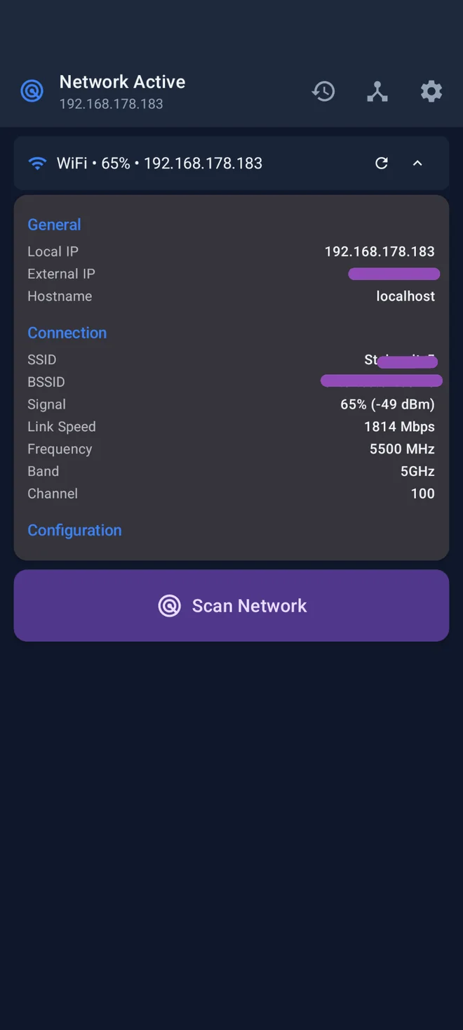 NetRadar Pro WLAN-Details mit Signalstärke und Linkspeed