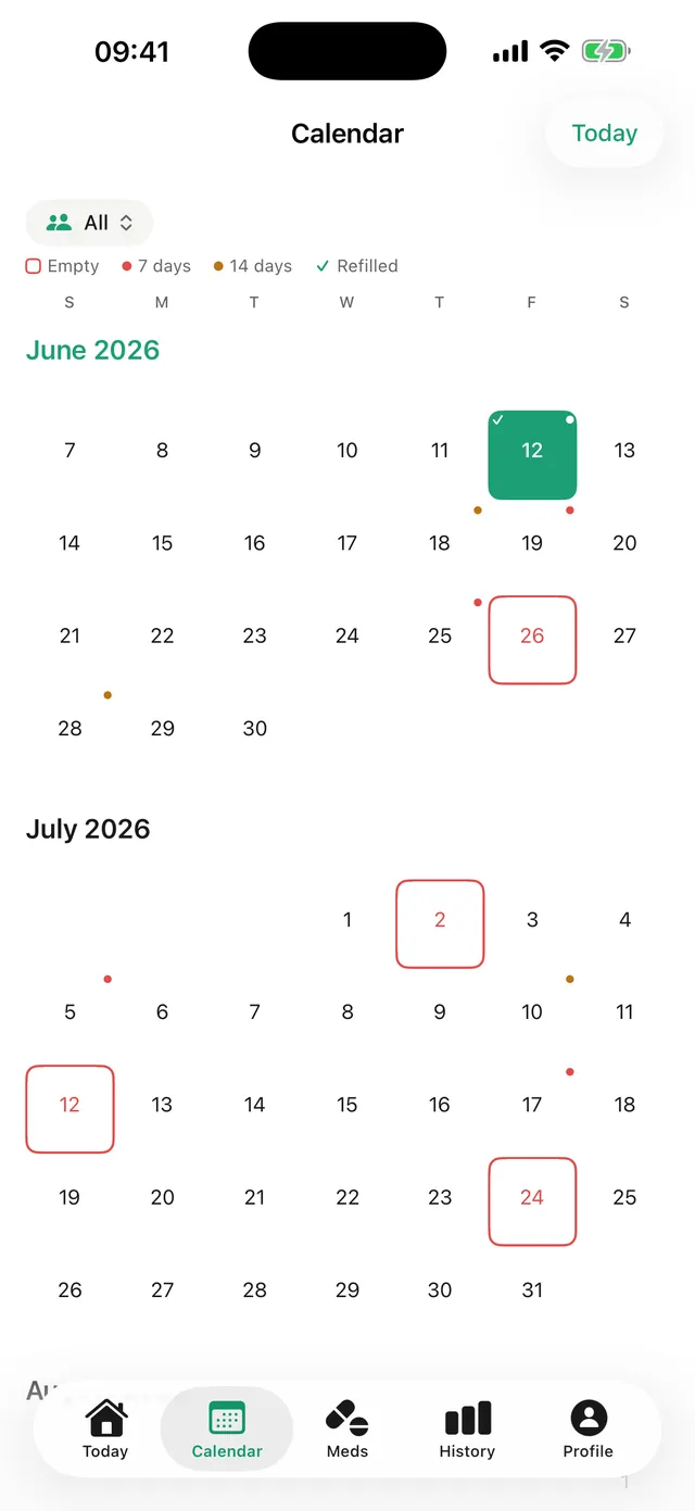 Dosara monthly calendar with the full medication intake history
