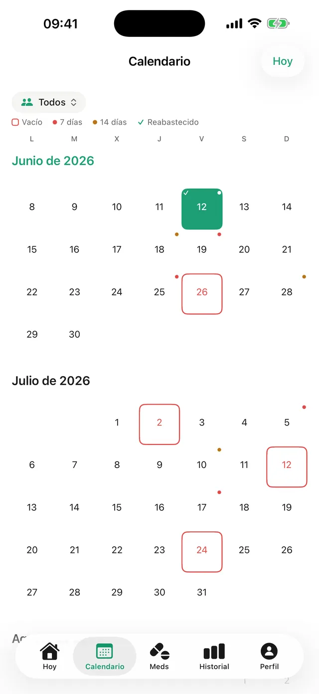 Calendario mensual de Dosara con el historial completo de tomas