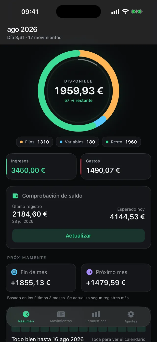 Panel de Good Spend con anillo del mes, ingresos, gastos y comprobación de saldo