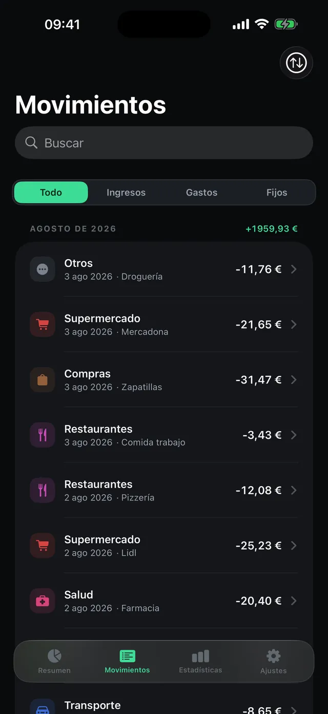 Lista de movimientos de Good Spend con categorías, filtro y búsqueda